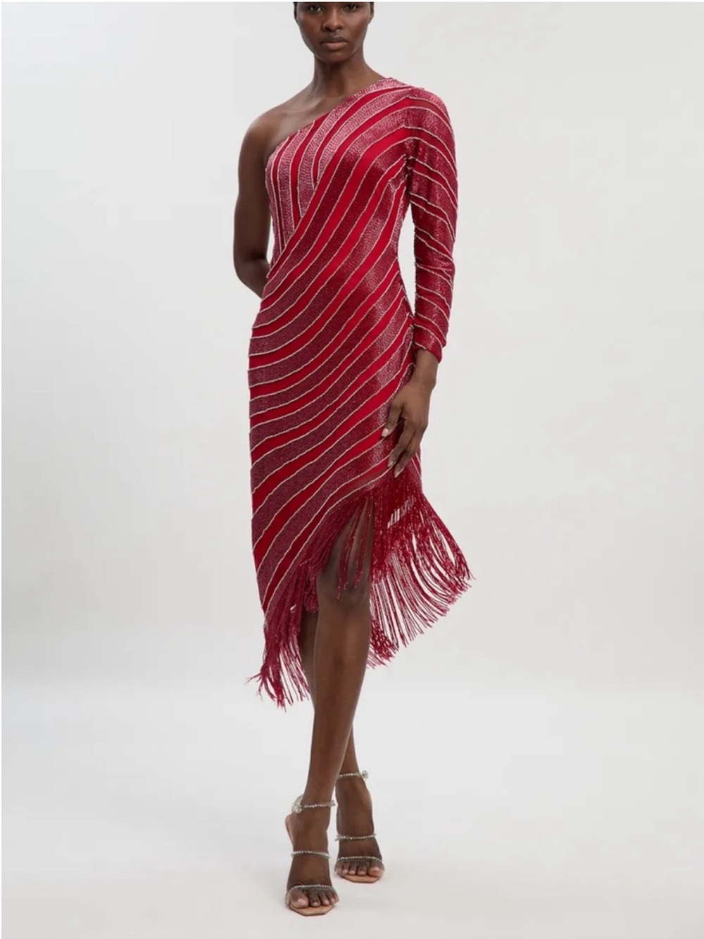 Karen Millen- Thigh High Embellished Woven Fringe Beaded Midi Dress Size 12P NWT